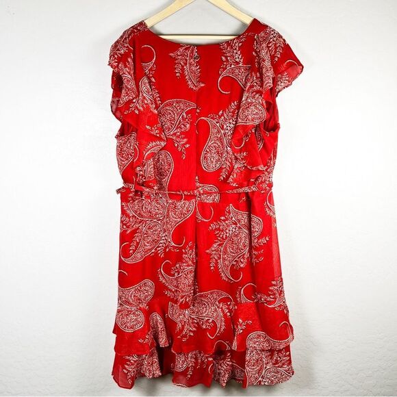 Tommy Hilfiger Red Paisley Fit Flare Ruffle Knee Length Dress Tie Waist 22W NWT - Picture 7 of 16